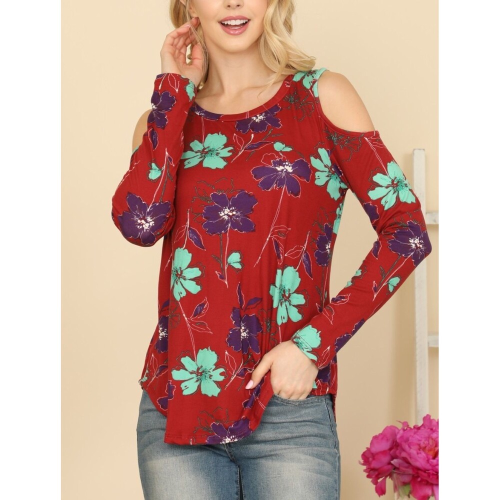 Women’s Cold Shoulder Long Sleeve Top   Burgundy Size M